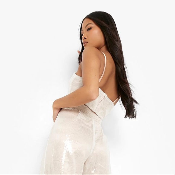 Ivory Sequin Strappy Cutout Crop Top Blouse - Picture 7 of 10